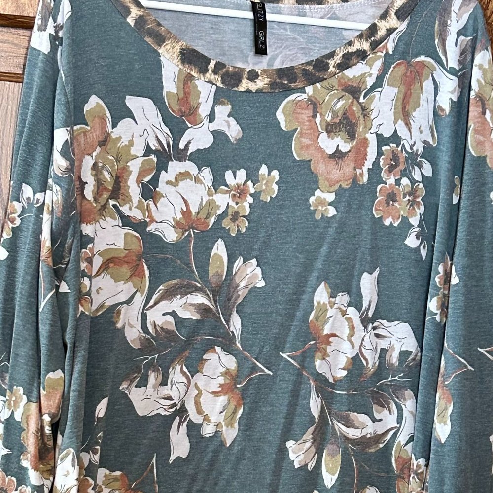 Floral Glitzy Girl Top With Leopard Detail